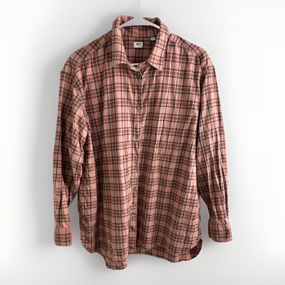 Uniqlo Women's Flannel Plaid Long Sleeves Shirt XL Pink Button Down Casual